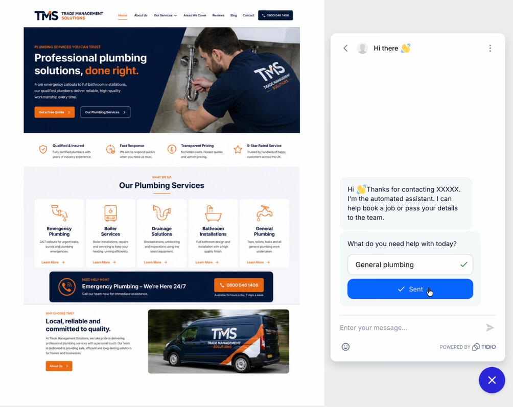 trade management solutions TMS AI chatbot capturing customer enquiries 24/7 AI chatbot capturing leads for a trades business website