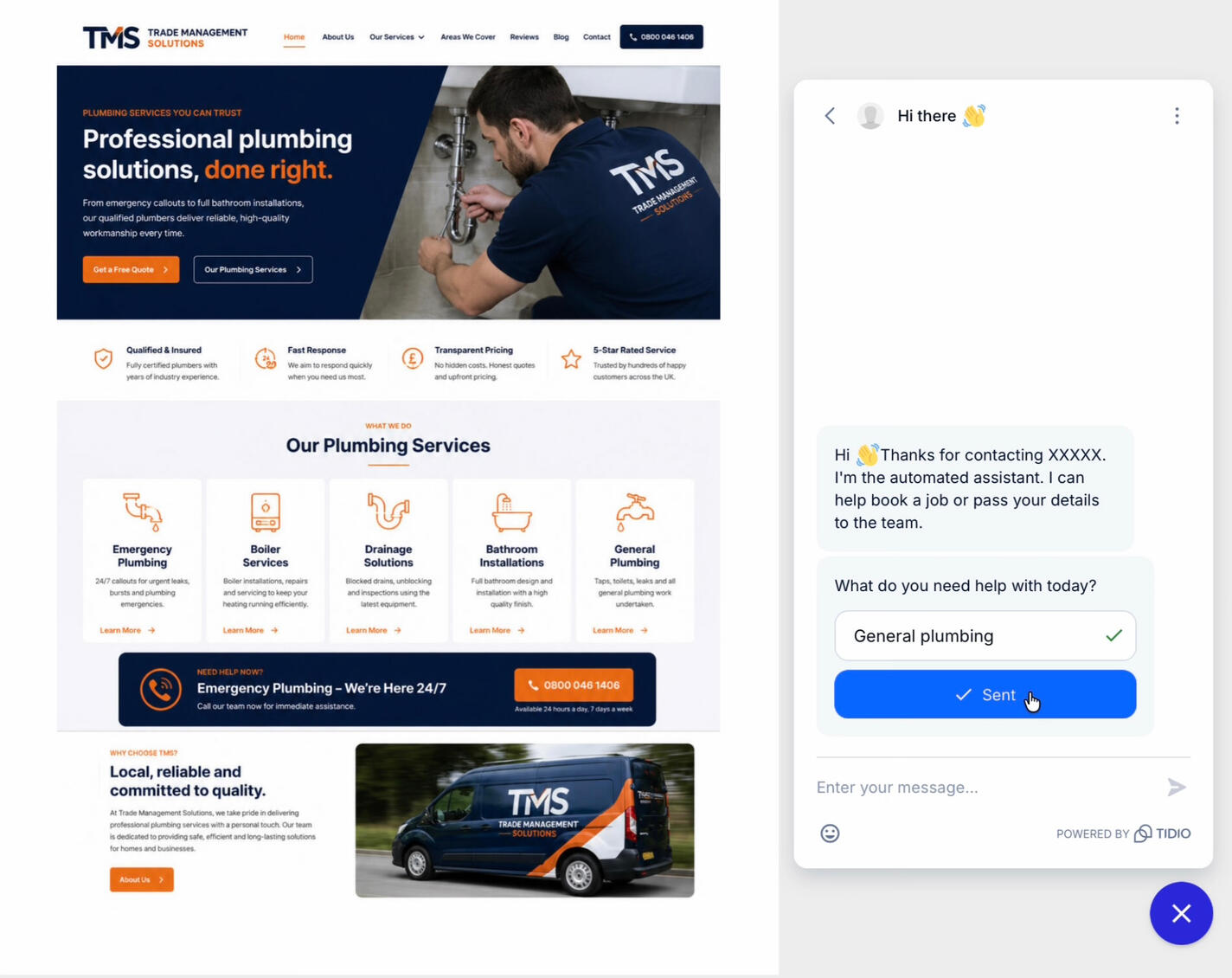 trade management solutions screenshot of a live chatbot Many trades miss out on thousands every year because: • Calls come in while you’re on a job • You can’t reply instantly to Facebook or Instagram messages • Customers go to the next business when they don’t get a fast response •